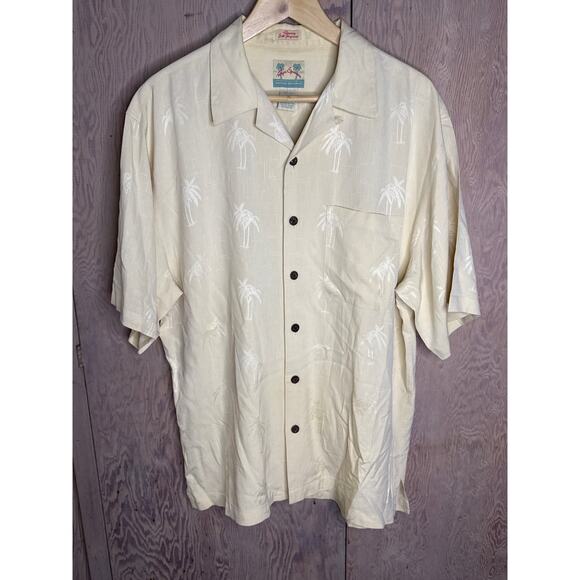 Reyn Spooner Silk Cream Coconut Tree Button Down Aloha Shirt Men Size Medium